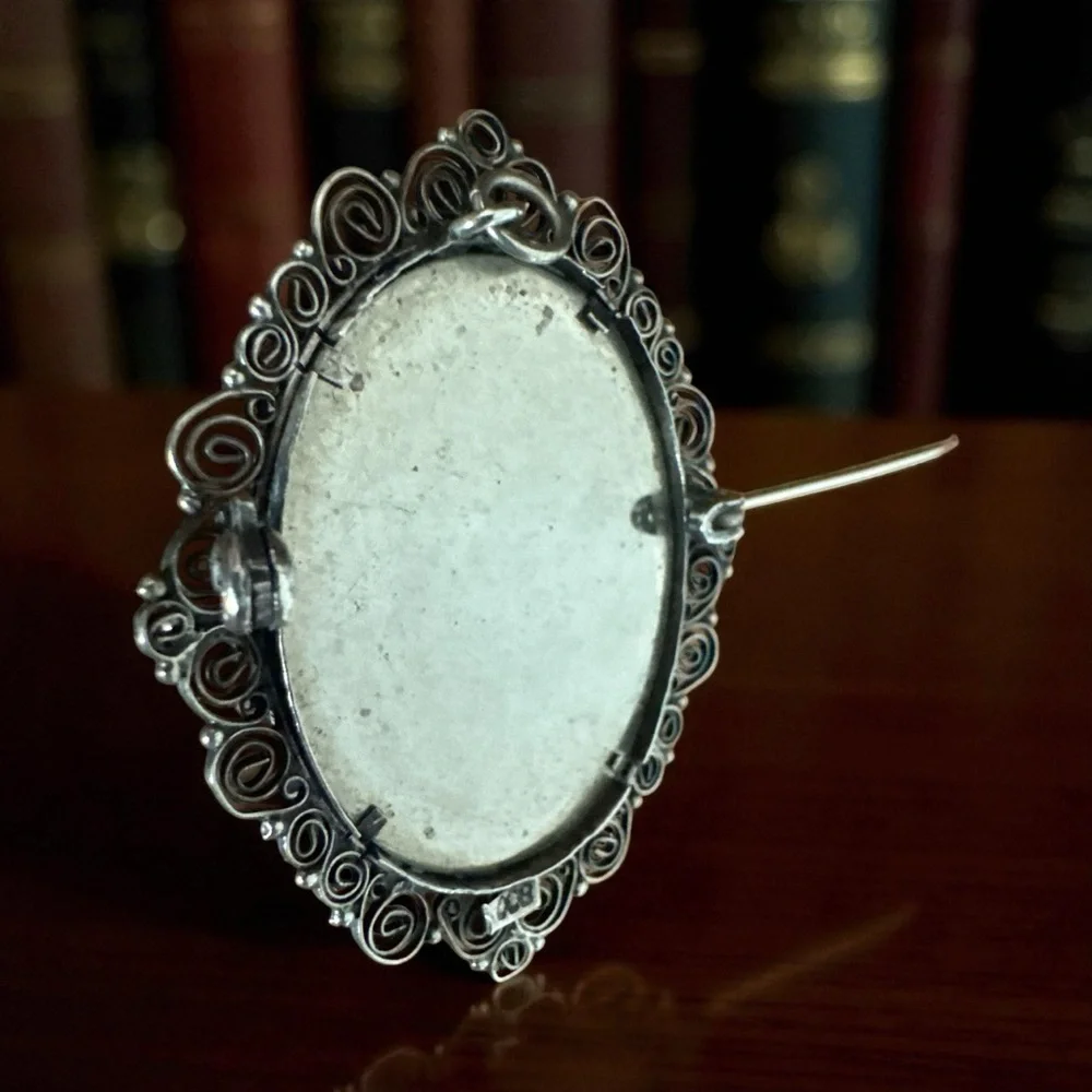 Antique Vintage‎ 800 Silver Brooch Pendant Hand Painted Cameo Woman & Children